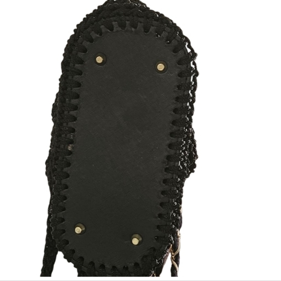 Hand Crafted Crochet Bucket Bag Tassel Beaded Drawstring Crossbody Purse Black - Picture 7 of 17